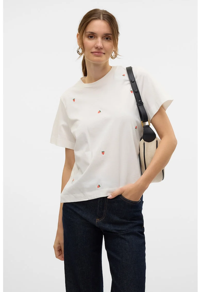 Tricou din bumbac organic cu broderie, Alb/Verde/Portocaliu