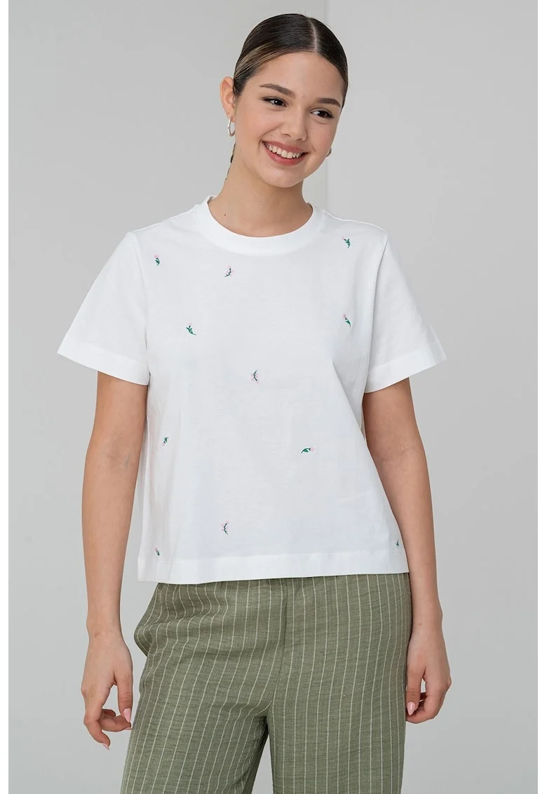 Tricou din bumbac organic cu broderie, Alb/Verde/Roz