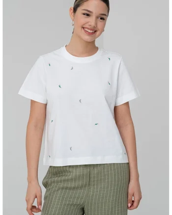 Tricou din bumbac organic cu broderie, Alb/Verde/Roz