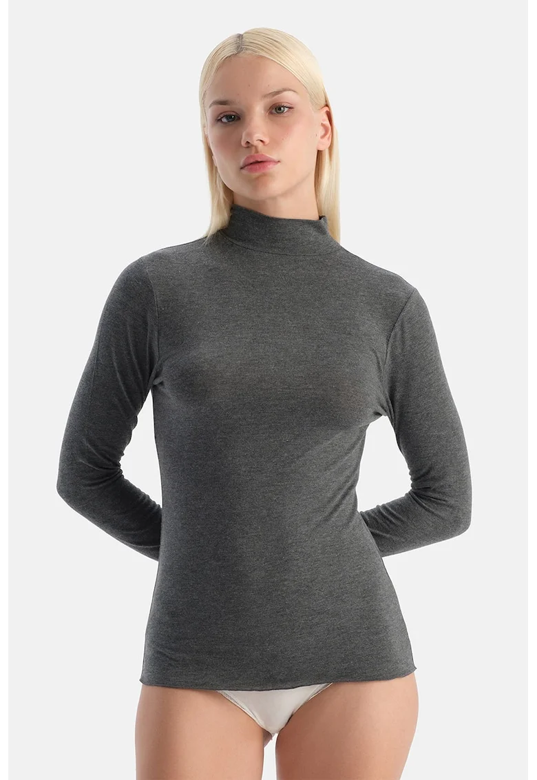 Bluza de casa din amestec de casmir si modal cu guler, Gri inchis melange