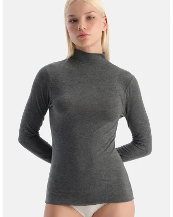 Bluza de casa din amestec de casmir si modal cu guler, Gri inchis melange