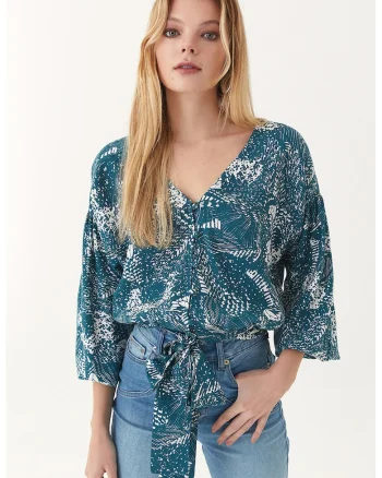 Bluza cu decolteu in V si imprimeu floral, Alb/Albastru petrol