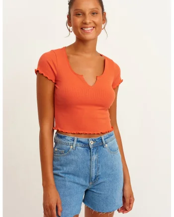 Tricou crop cu model uni Pevnewyak, Portocaliu stins