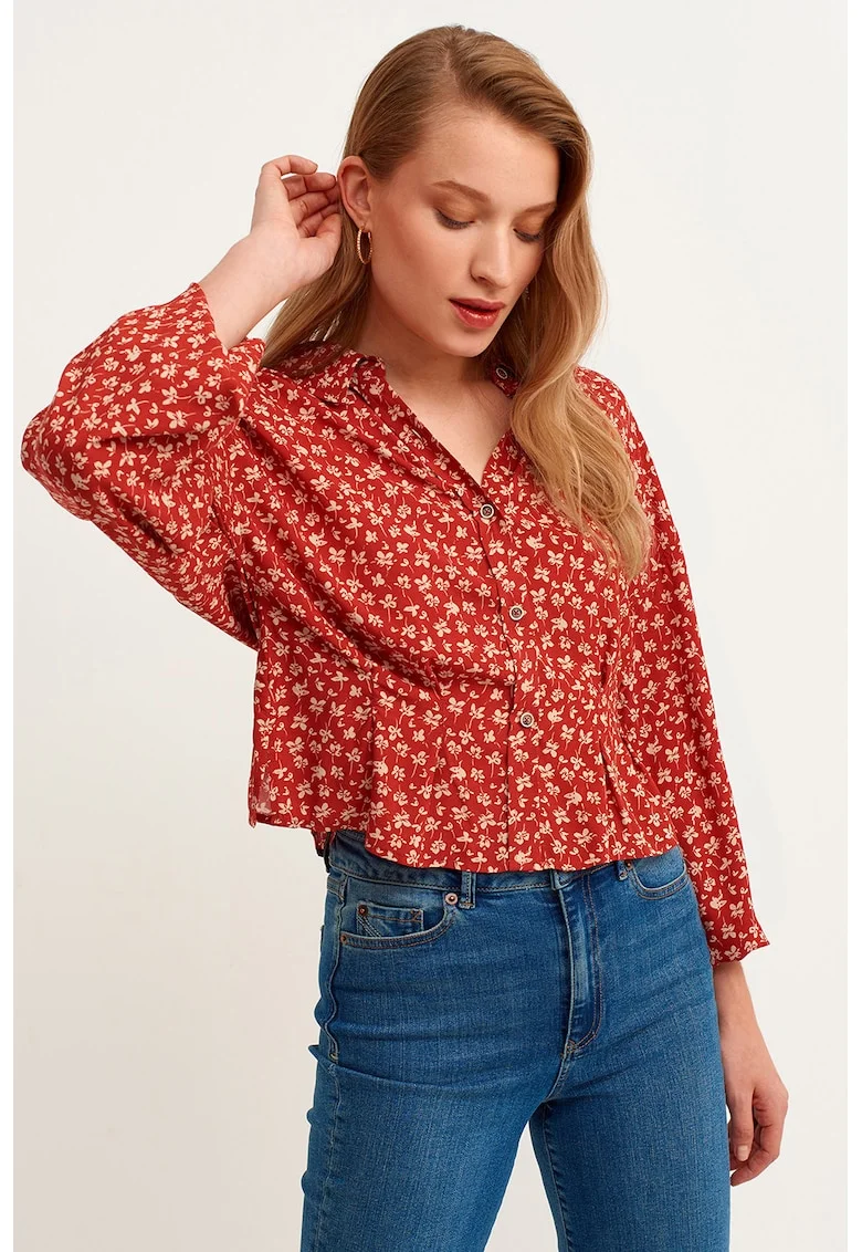Camasa crop cu maneci lungi, Caramiziu/Crem