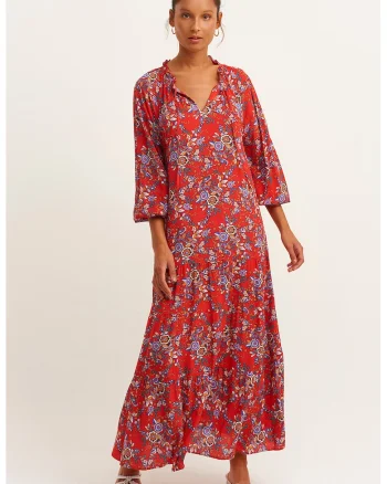 Rochie maxi cu imprimeu floral, Portocaliu/Rosu vermillion/Albastru