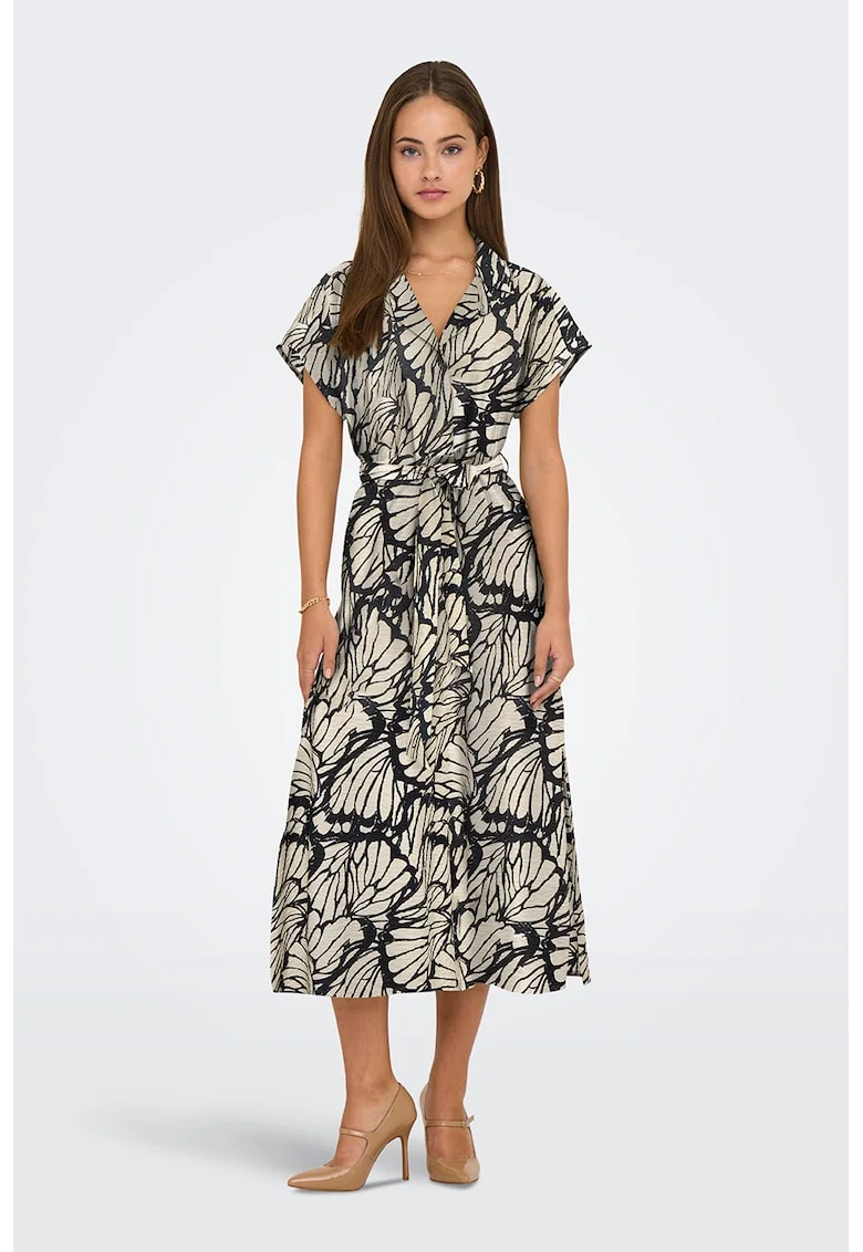 Rochie midi cu cordon in talie si model, Negru/Maro nisip