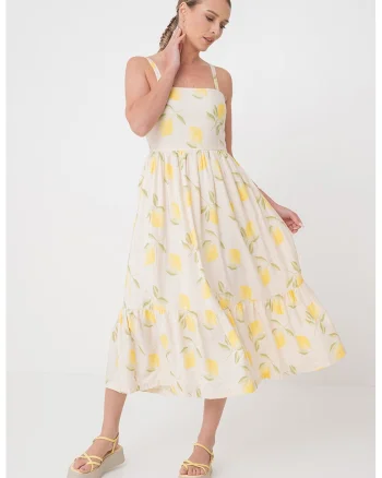 Rochie midi evazata cu decolteu patrat, Galben deschis/Bej deschis