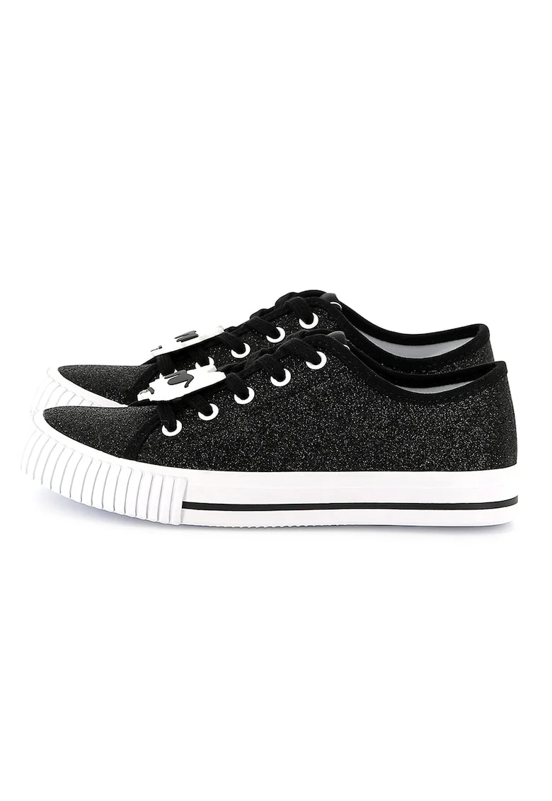 Pantofi sport cu aspect stralucitor si logo, Alb/Negru