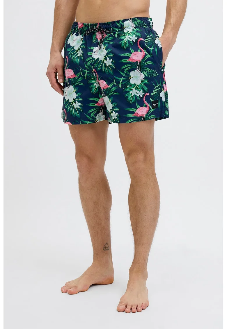 Pantaloni scurti de baie cu model si buzunare laterale, Verde/Bleumarin
