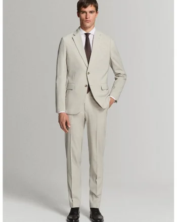 Pantaloni slim fit de lana cu pensa, Bej deschis