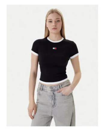 Tricou crop slim fit cu terminatii contrastante