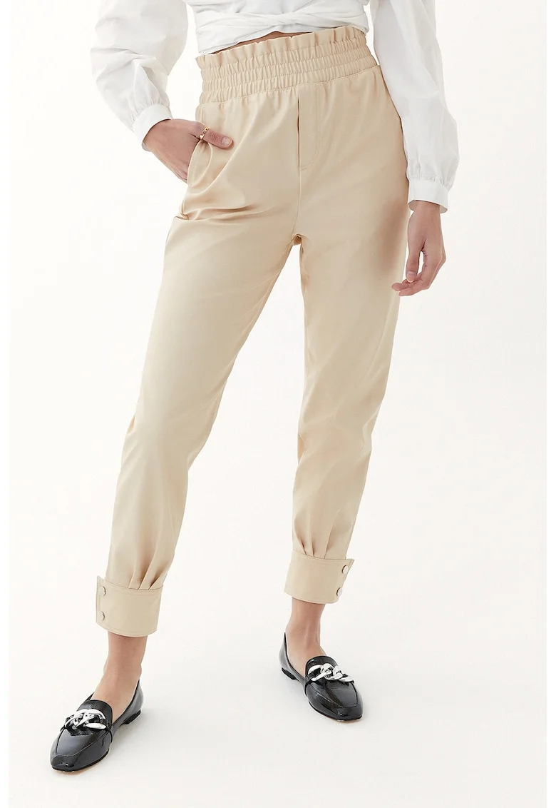 Pantaloni crop cu talie inalta si buzunare, Bej