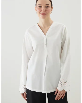 Bluza din bumbac cu broderii din dantela Sangallo, Alb