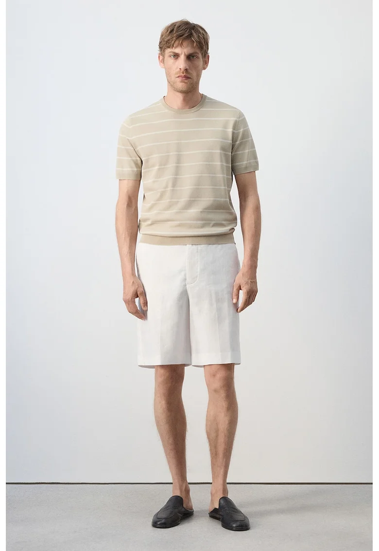 Tricou tricotat fin cu dungi, Alb/Bej inchis