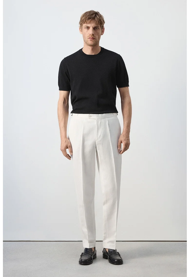 Pantaloni eleganti din amestec de in cu croiala slim-fit, Alb