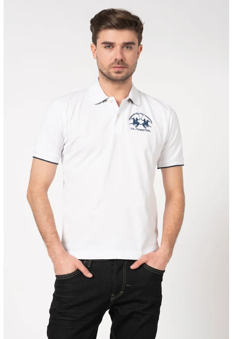 Tricou polo din material pique cu broderie logo, Alb
