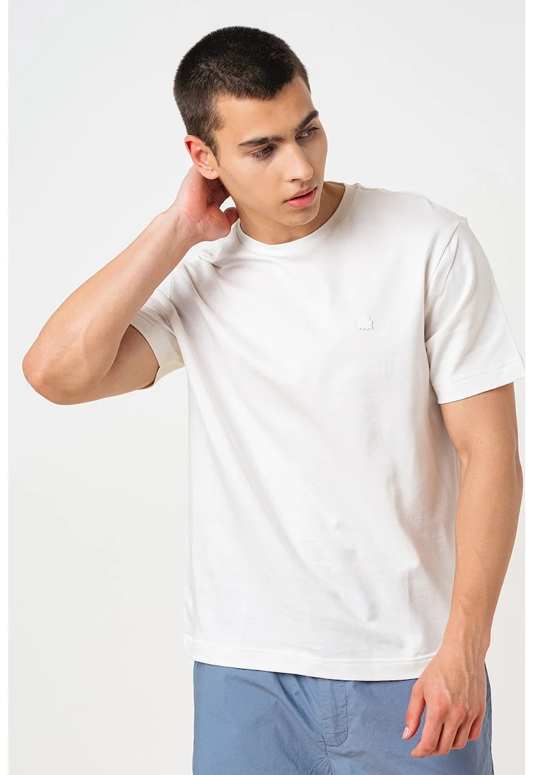 Tricou de bumbac cu decolteu la baza gatului si logo discret, Alb