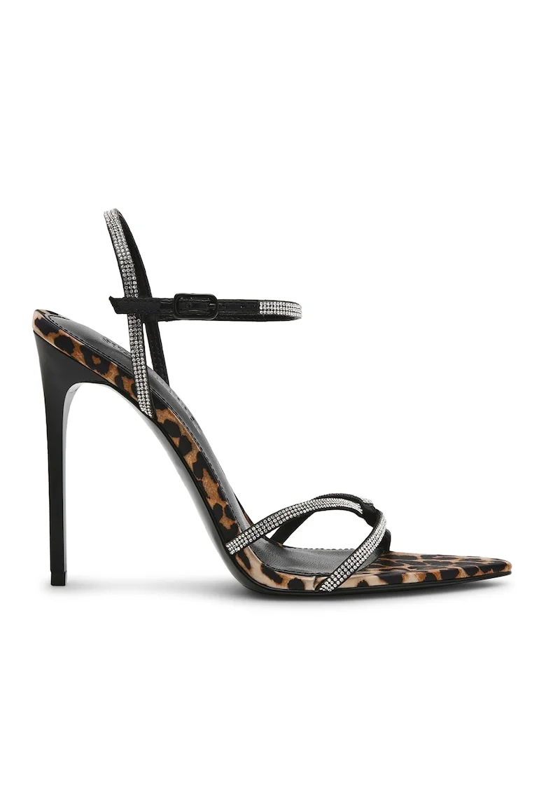 Sandale stiletto cu strasuri si model animal print, Maro inchis/Maro deschis/Argintiu