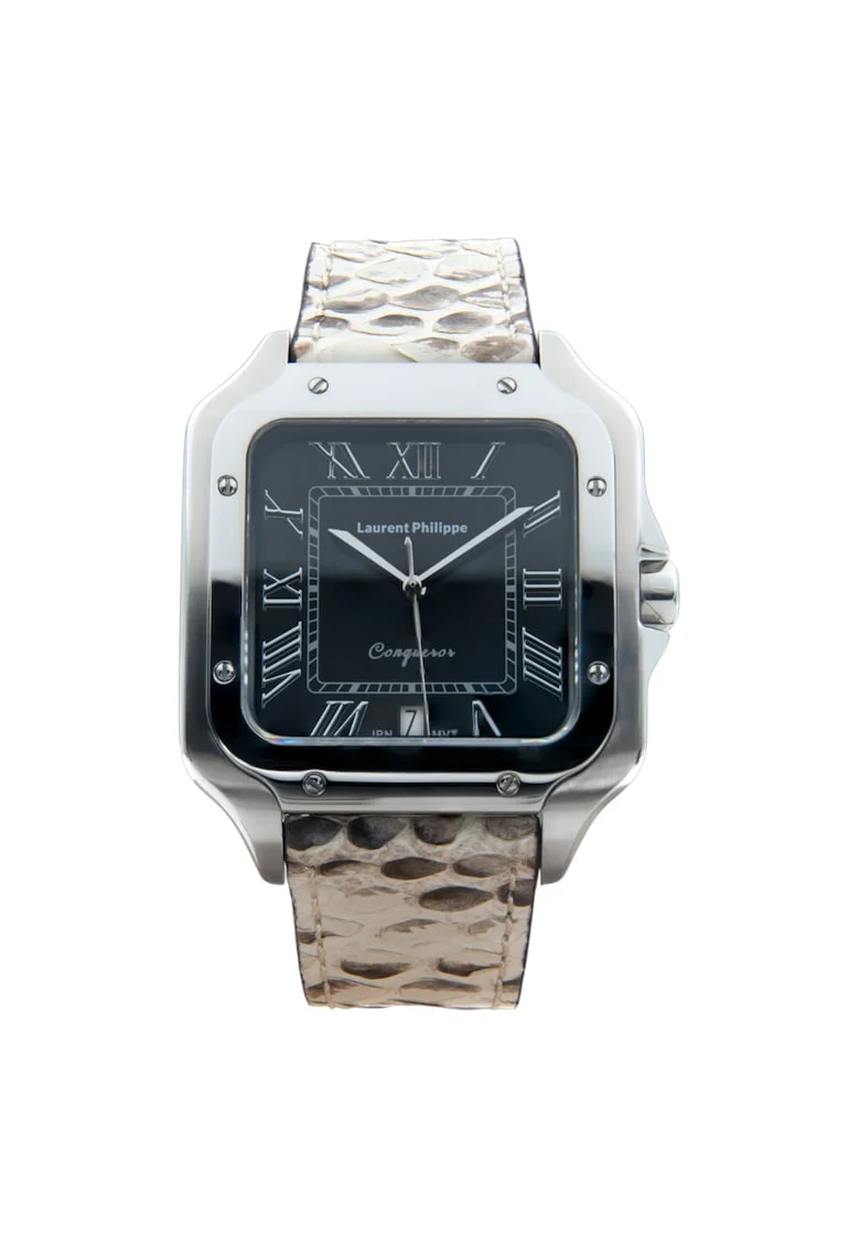 Ceas barbatesc  Black Orlov Serpent Ivory, cadran negru, curea piele de sarpe, mecanism quartz, inox