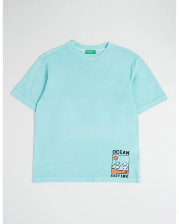 Tricou cu model si decolteu la baza gatului, Negru/Albastru aquamarin