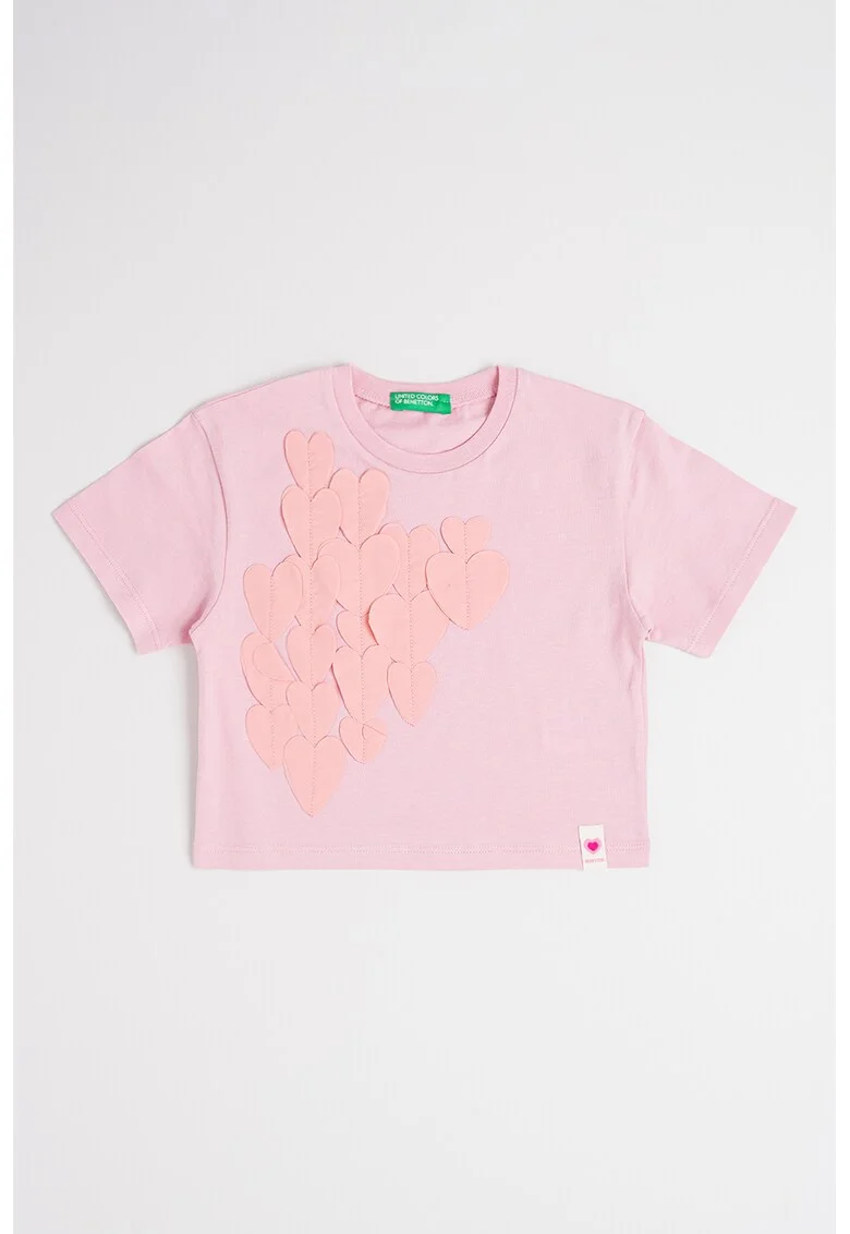 Tricou de bumbac cu decolteu la baza gatului, Roz