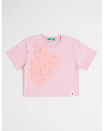 Tricou de bumbac cu decolteu la baza gatului, Roz