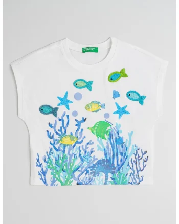 Tricou de bumbac cu detalii crosetate, Alb/Verde/Albastru