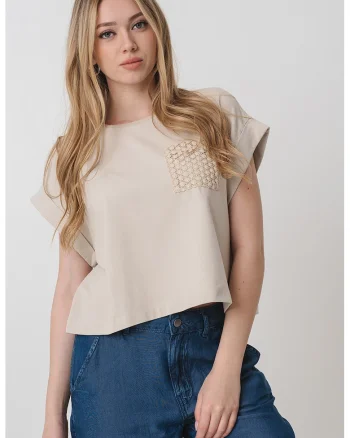 Tricou uni cu buzunar brodat aplicat, Bej