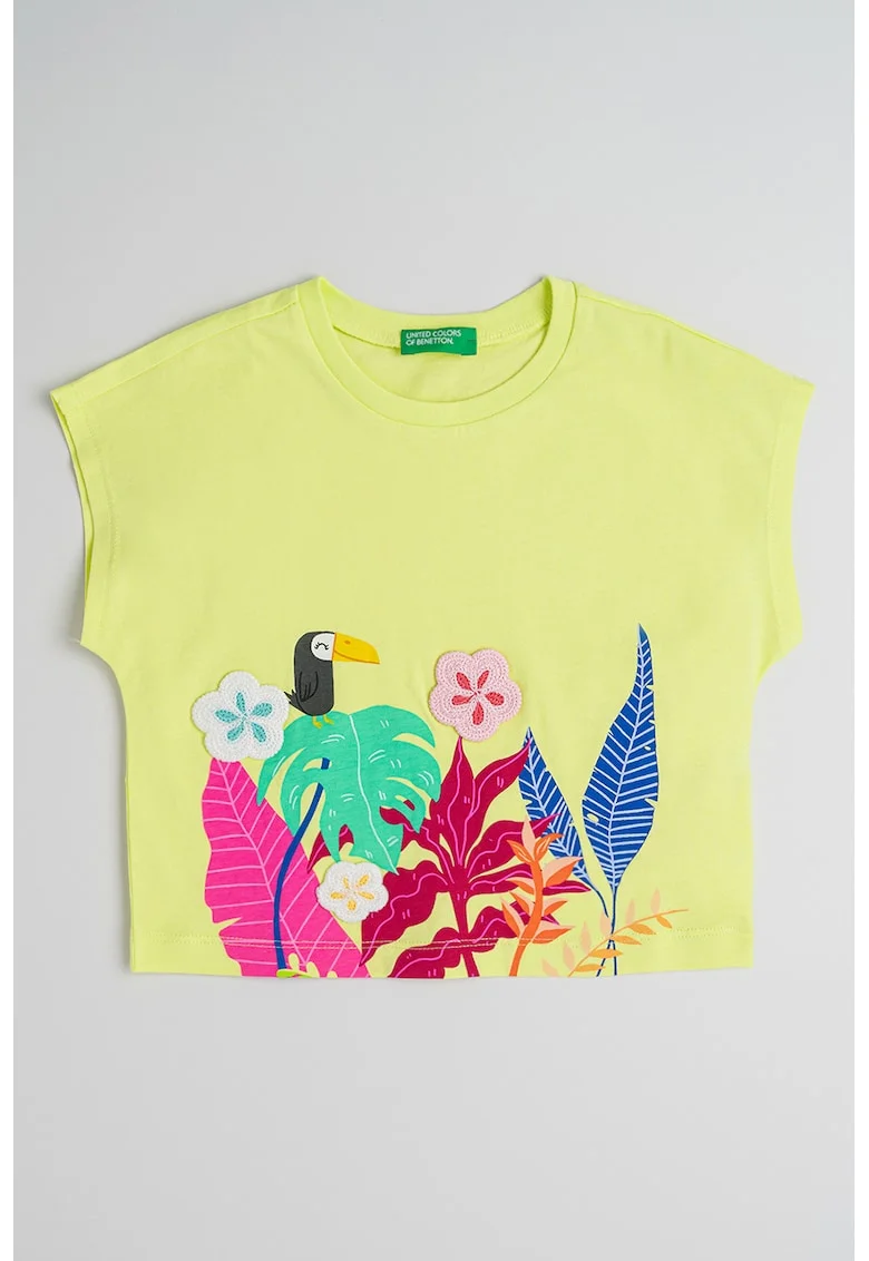 Tricou de bumbac cu detalii crosetate, Roz/Albastru/Verde fistic