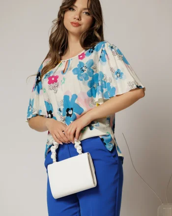 Bluza casual din viscoza ivoar cu imprimeuri bleu si croi lejer