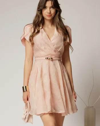 Rochie DY Fashion roz scurta cu broderii florale si decolteu petrecut