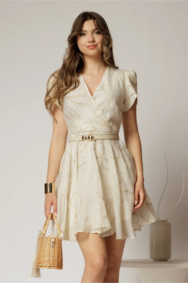 Rochie DY Fashion ivoar scurta cu broderii florale si decolteu petrecut
