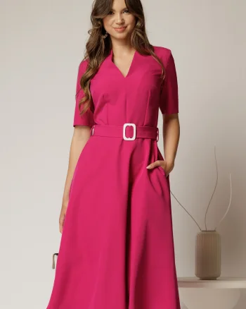 Rochie midi fucsia cu decolteu in V si cordon cu catarama in talie