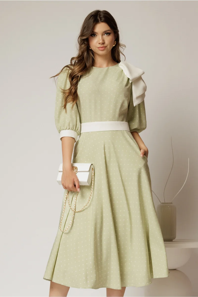 Rochie DY Fashion midi verde fistic cu buline si funda ampla pe umar