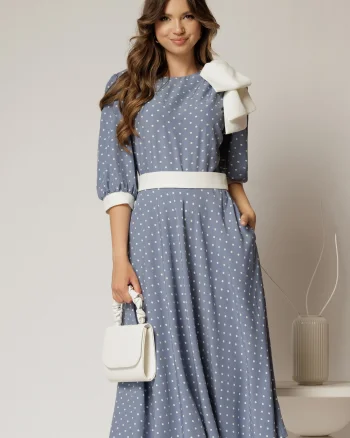 Rochie DY Fashion midi bleu cu buline si funda ampla pe umar