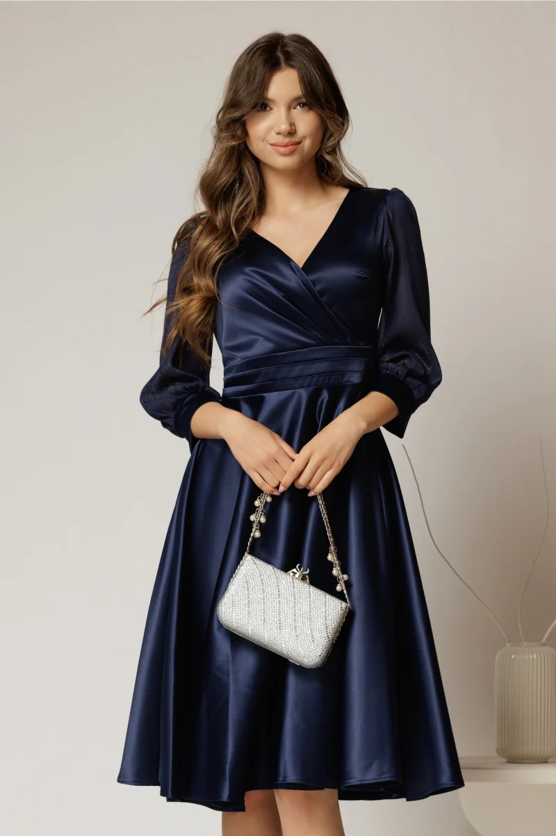 Rochie DY Fashion midi bleumarin din tafta cu maneci din voal cu lurex