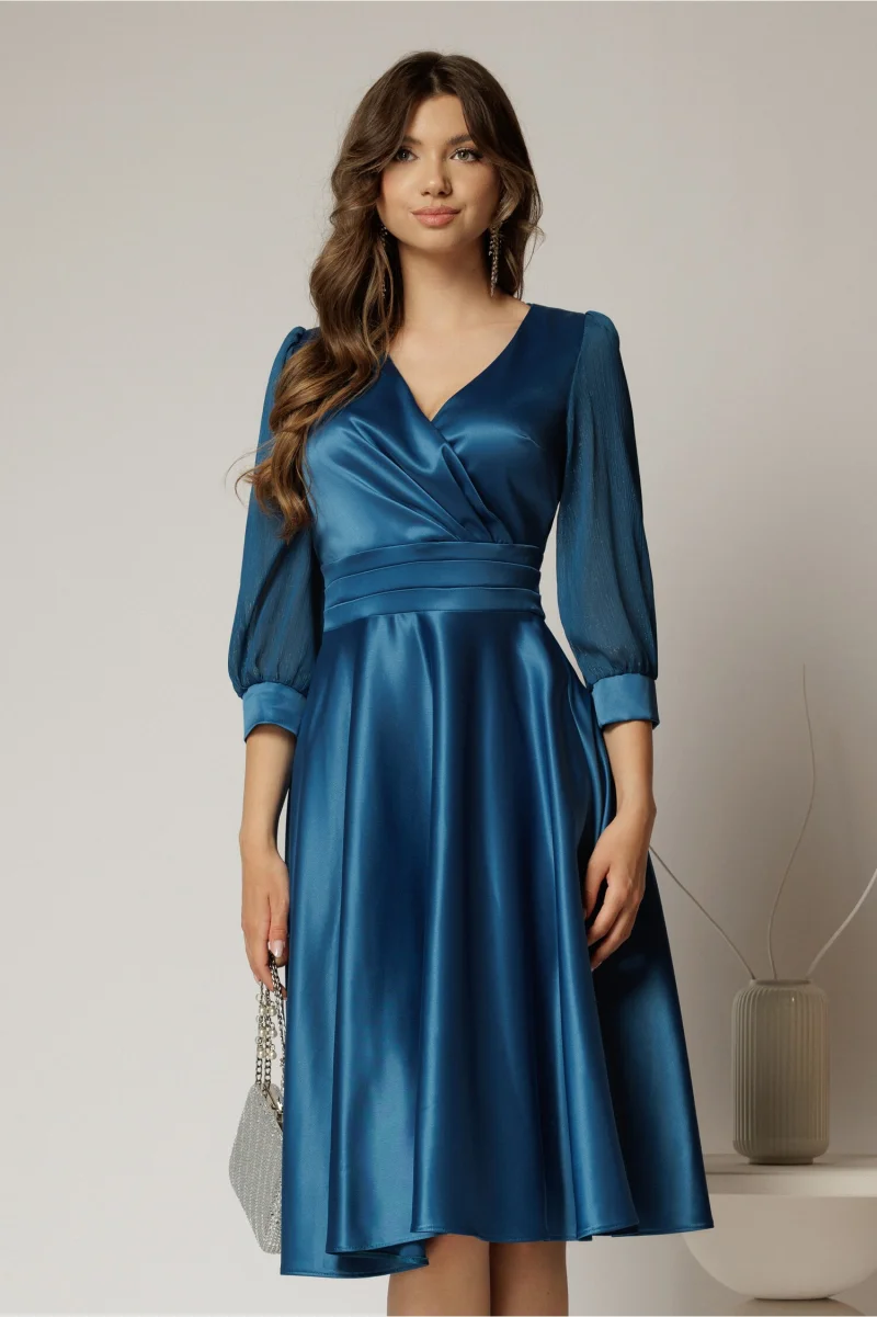 Rochie DY Fashion midi turcoaz din tafta cu maneci din voal cu lurex