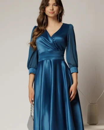 Rochie DY Fashion midi turcoaz din tafta cu maneci din voal cu lurex