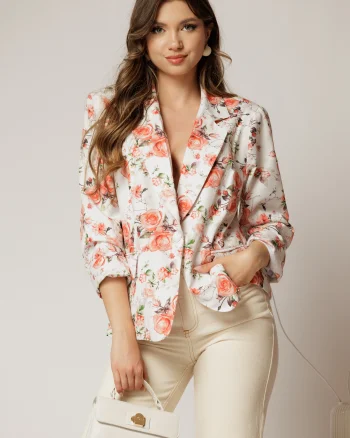 Sacou dama alb cu imprimeu floral oranj