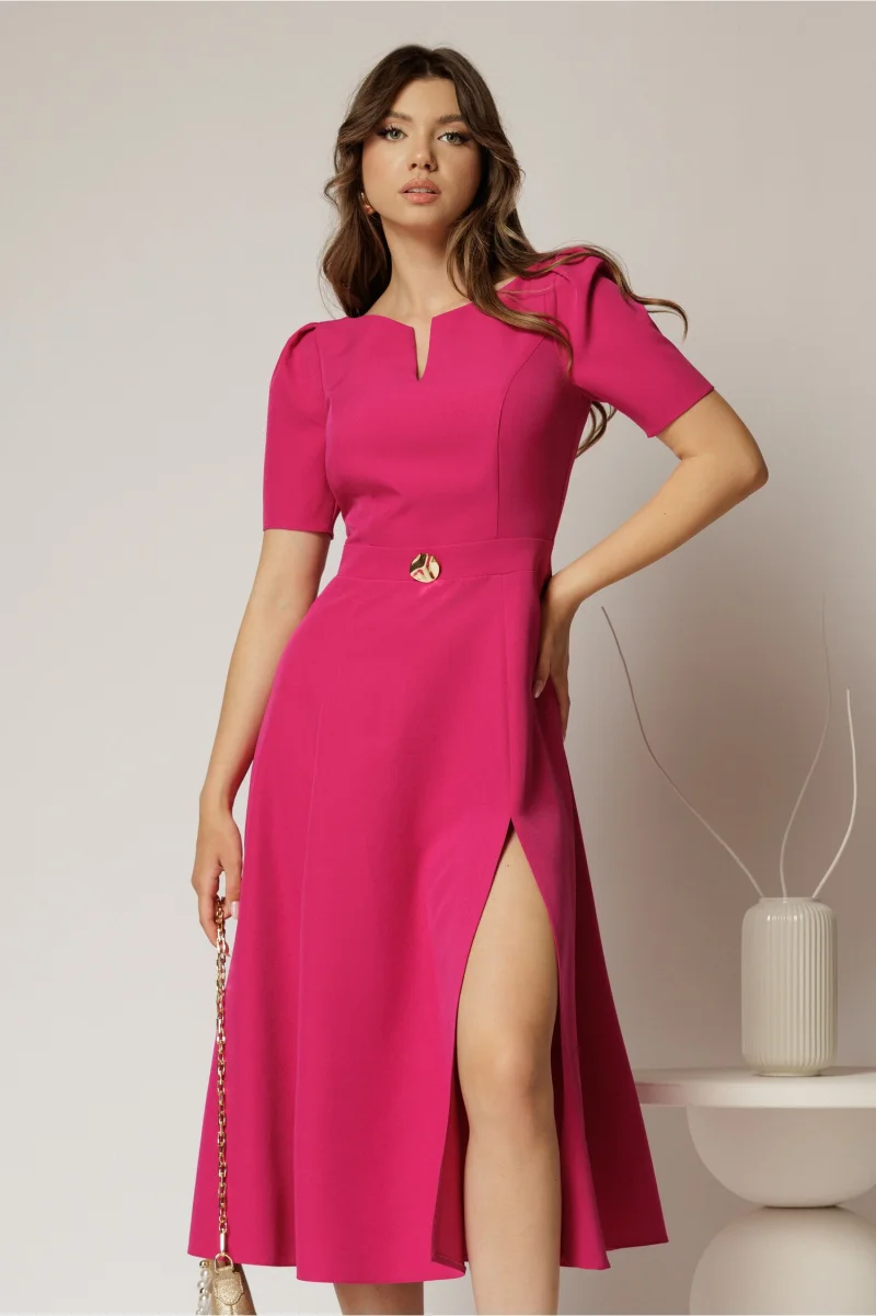 Rochie DY Fashion fucsia midi cu detaliu talie si decupaj la decolteu