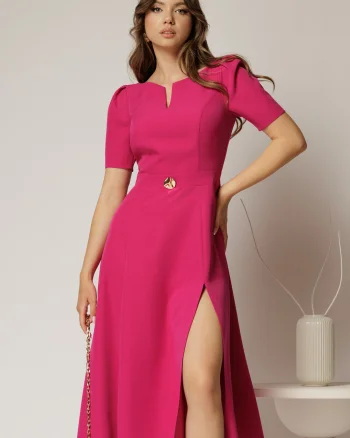 Rochie DY Fashion fucsia midi cu detaliu talie si decupaj la decolteu