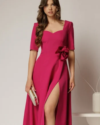 Rochie DY Fashion magenta cu decolteu inima si detaliu floral in talie