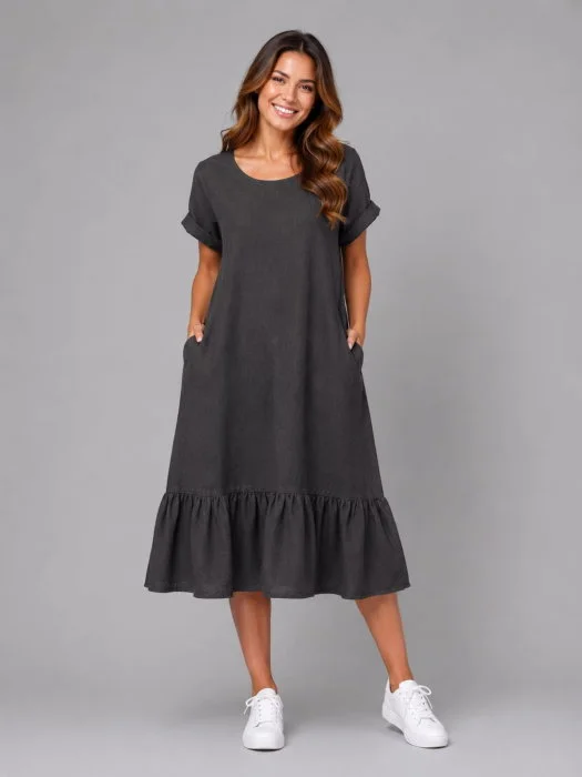 Rochie midi din in cu funda pe spate si volan amplu din batist, neagra