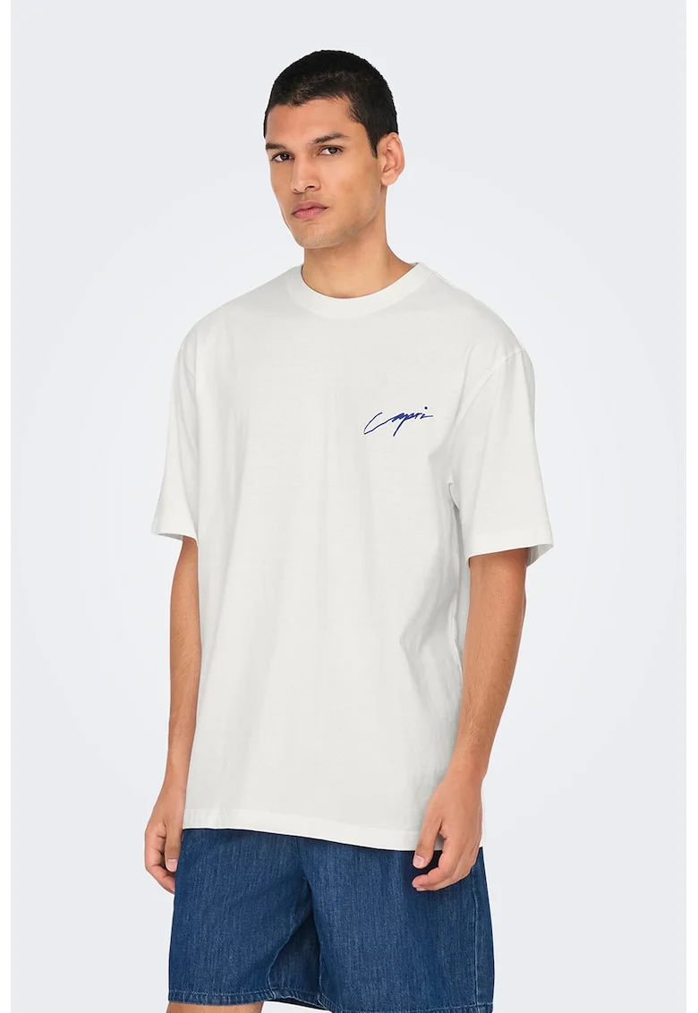 Tricou din bumbac organic cu imprimeu pe partea din spate, Alb/Albastru inchis