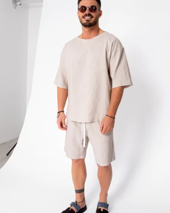 Set Lino 100% In Tricou si pantalon scurt Light Beige Premium Edition New