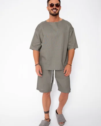 Set Lino 100% In Tricou si pantalon scurt Dark Olive Premium Edition New