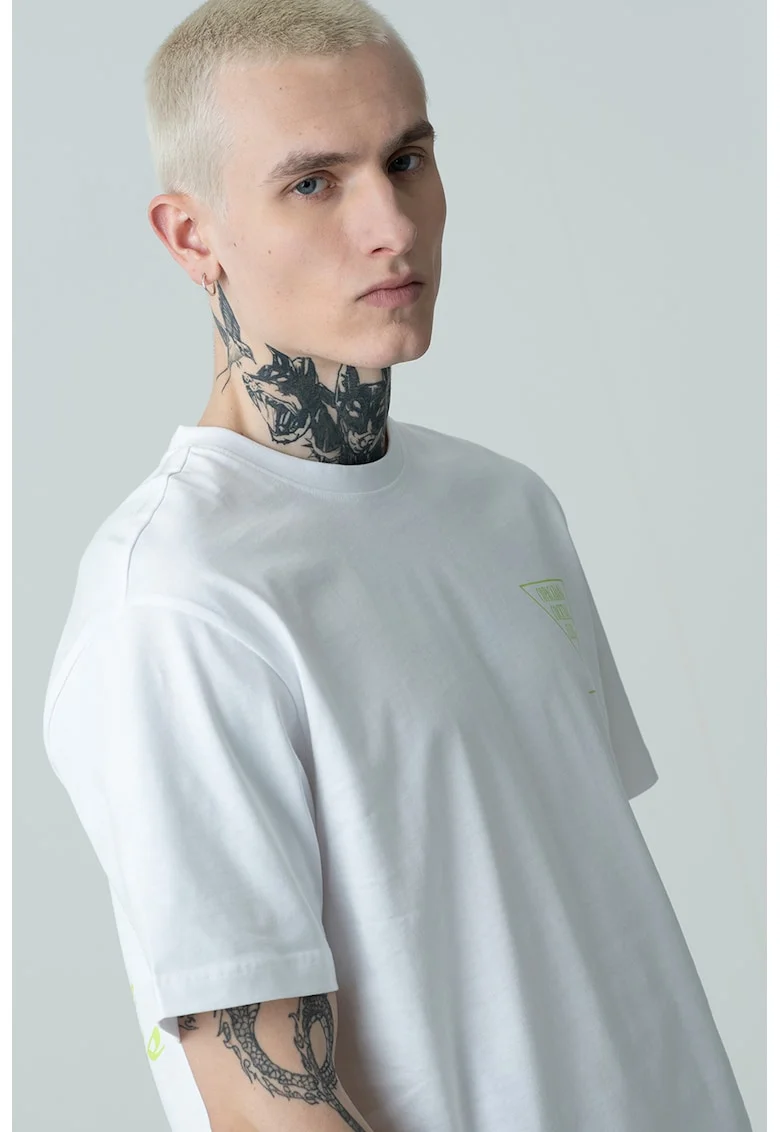 Tricou de bumbac organic cu model grafic, Alb/Verde lime