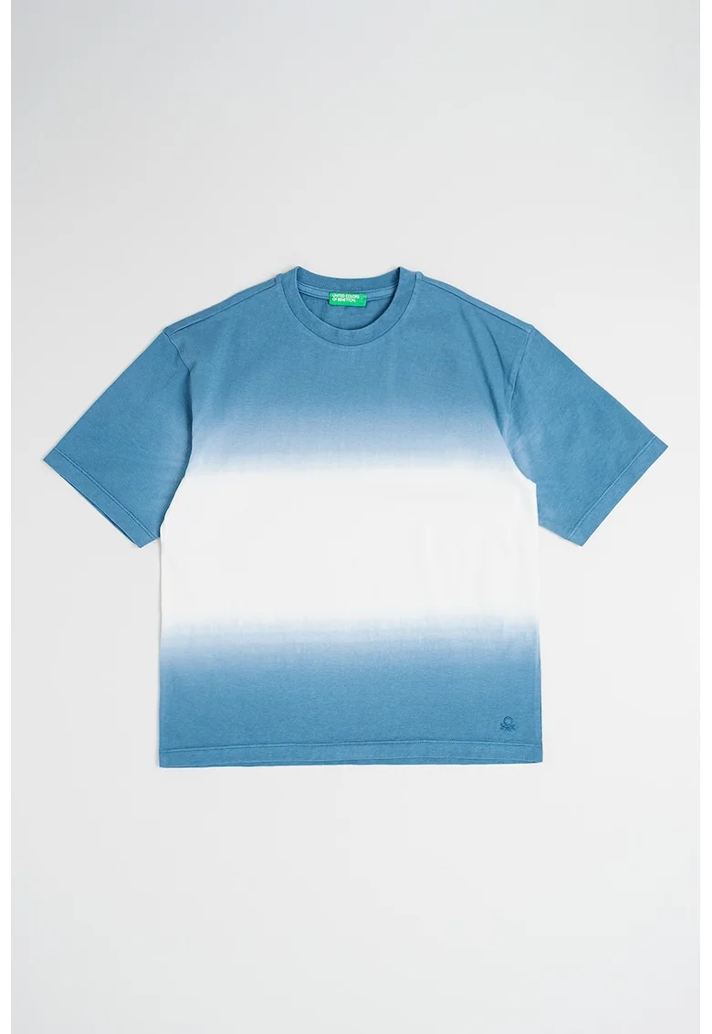 Tricou cu decolteu la baza gatului si model tie-dye, Alb/Albastru petrol