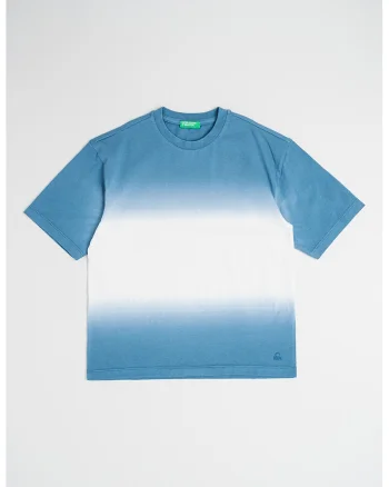 Tricou cu decolteu la baza gatului si model tie-dye, Alb/Albastru petrol