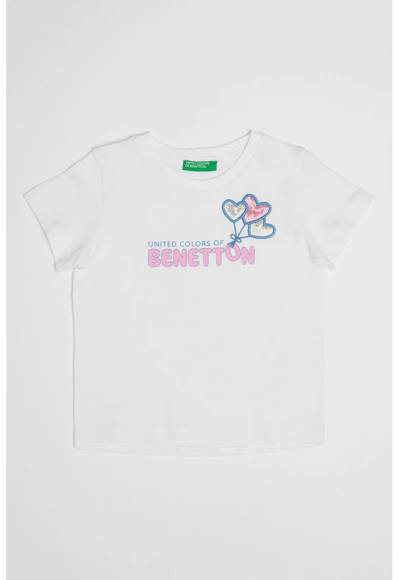 Tricou de bumbac cu paiete, Alb/Roz/Albastru